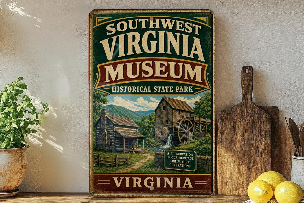 a vintage-style sign for the Southwest Virginia Museum, which is a historical state park located in Virginia. The sign displays a picture of a log cabin and a watermill, along with the text "Southwest Virginia Museum" and "Historical State Park". The sign is placed on a shelf next to a wooden cutting board and a potted plant, creating a rustic and charming atmosphere.