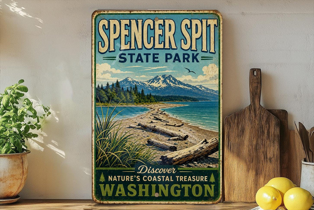 A vintage-style sign for Spencer Spit State Park in Washington, featuring a scenic image of a beach and mountains.