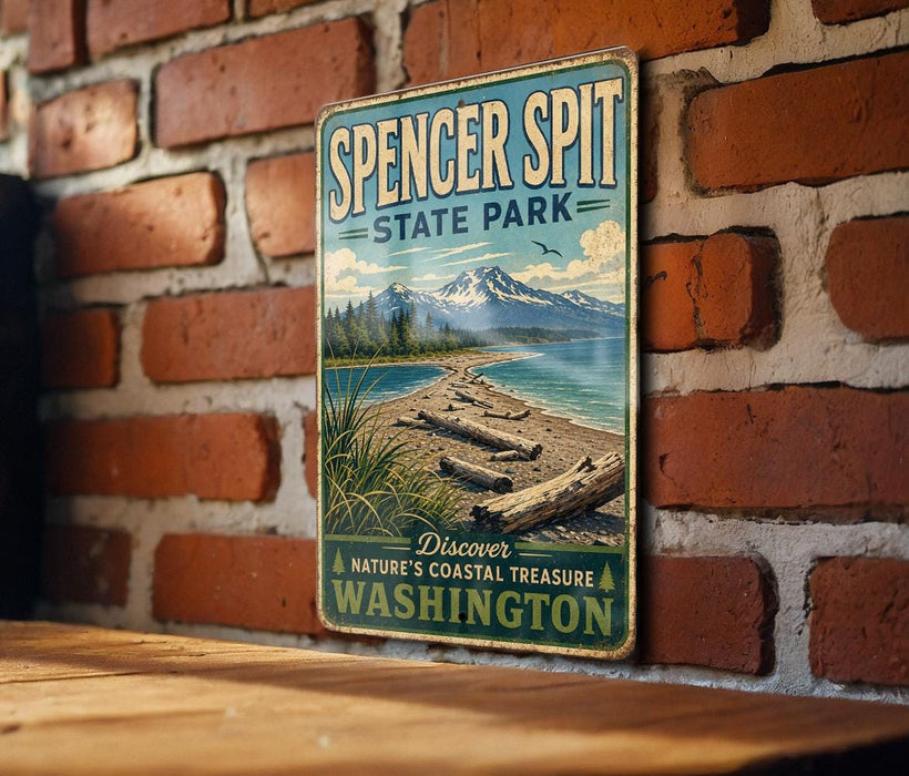A vintage-style metal sign for Spencer Spit State Park, featuring a scenic landscape with a beach, mountains, and a body of water.