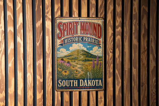 A vintage metal sign for Spirit Mound Historic Prairie in South Dakota is displayed on a wooden wall.