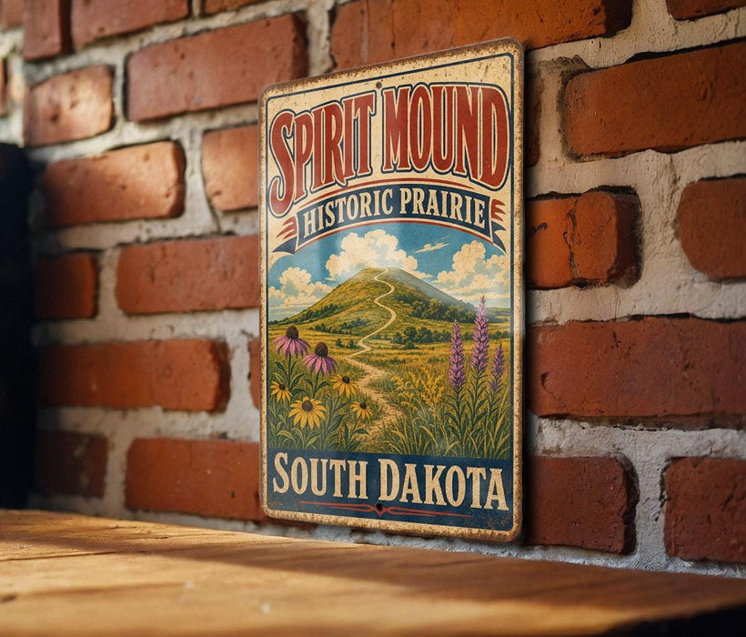 A vintage-style metal sign for Spirit Mound Historic Prairie in South Dakota is displayed on a brick wall.
