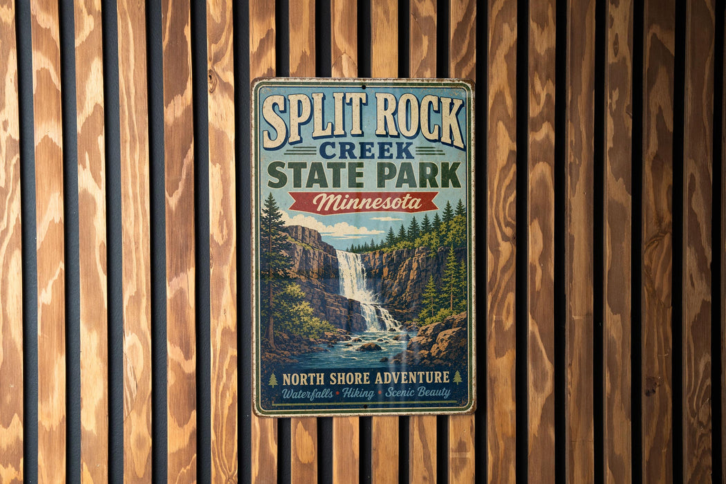 A vintage-style metal sign for Split Rock Creek State Park in Minnesota, featuring a waterfall and forest scenery.