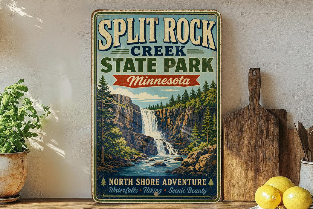 A vintage-style sign for Split Rock Creek State Park in Minnesota, featuring a waterfall and forest landscape.