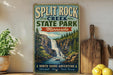 A vintage-style sign for Split Rock Creek State Park in Minnesota, featuring a waterfall and forest landscape.