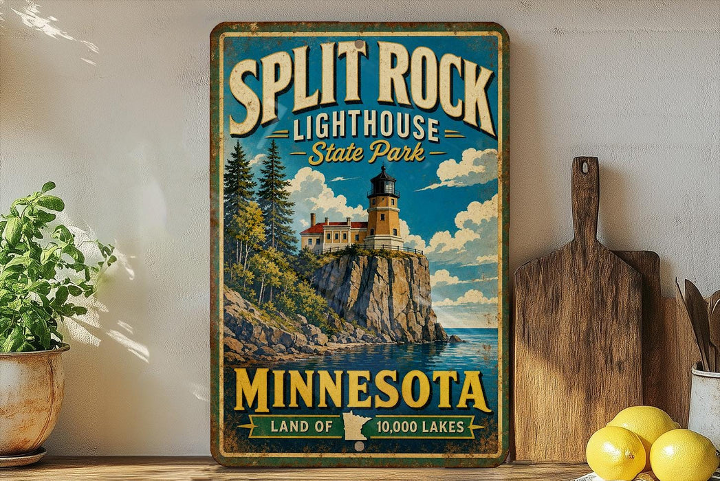 A vintage-style sign for Split Rock Lighthouse State Park in Minnesota, featuring a lighthouse on a cliff overlooking a lake.