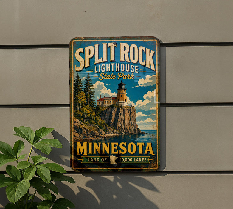 A vintage-style sign for Split Rock Lighthouse State Park in Minnesota, featuring a lighthouse and a scenic landscape.