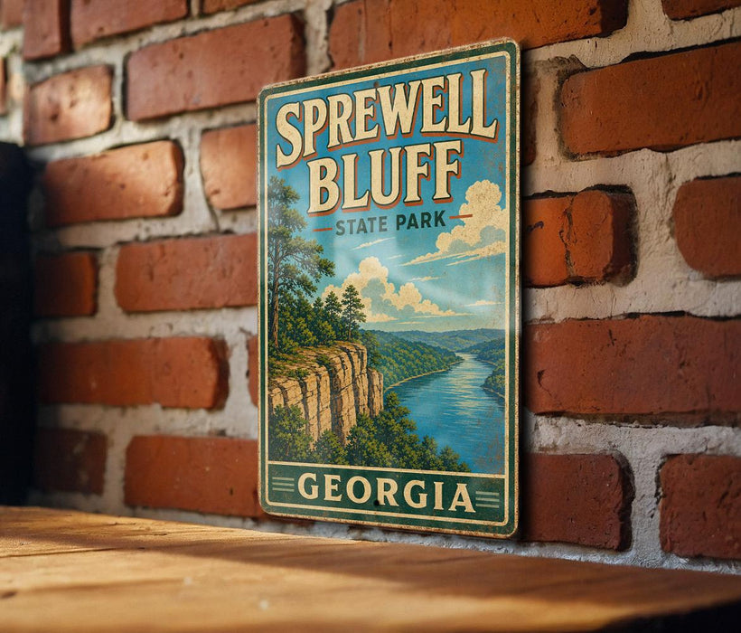 A vintage-style metal sign for Sprewell Bluff State Park in Georgia, featuring a scenic landscape with a river and mountains.