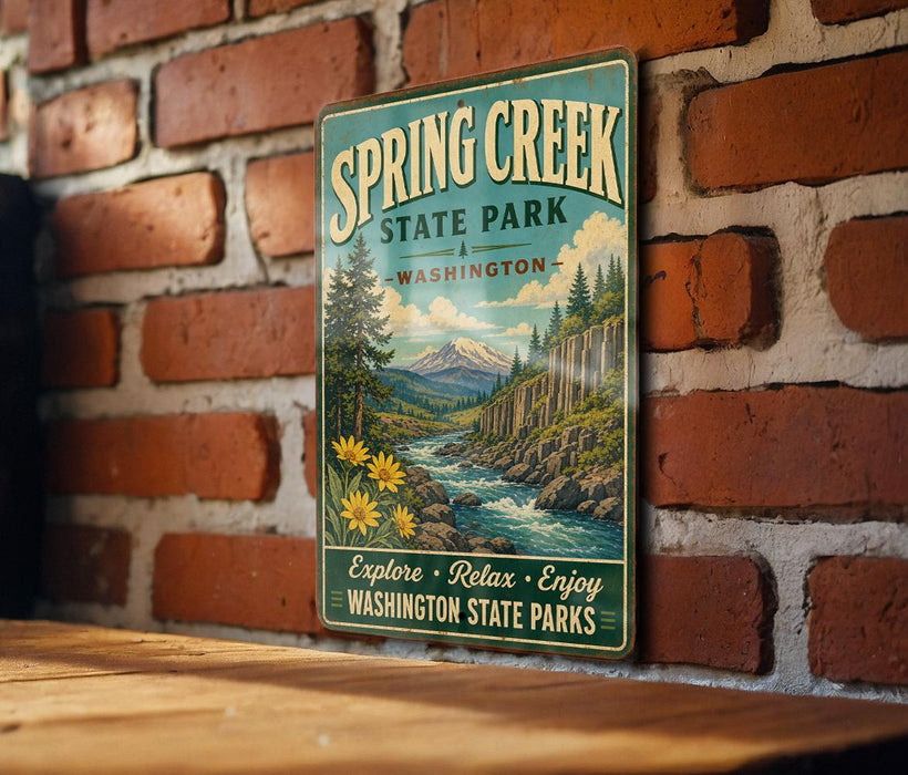 A vintage-style metal sign for Spring Creek State Park in Washington, featuring a scenic landscape with mountains, trees, and a river.