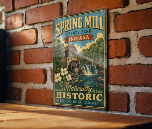 A vintage-style metal sign for Spring Mill State Park in Indiana, featuring a scenic illustration of a watermill and a waterfall.