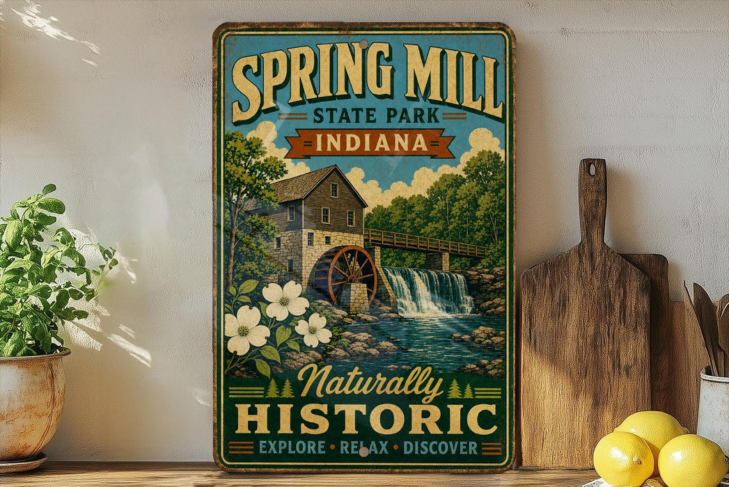 A vintage-style sign for Spring Mill State Park, Indiana, featuring a scenic illustration of a mill and waterfall.