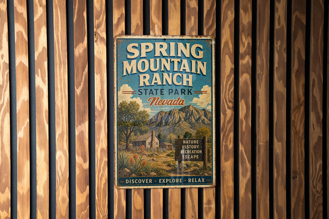 A vintage-style sign for Spring Mountain Ranch State Park in Nevada, featuring a scenic illustration of a mountain landscape and a cabin.