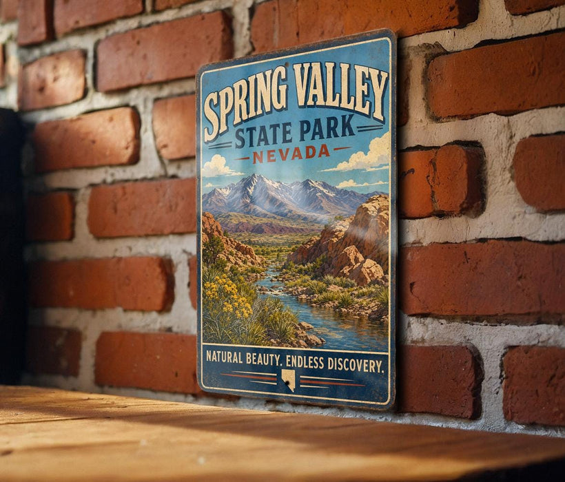 A vintage-style sign for Spring Valley State Park, Nevada, featuring a scenic mountain landscape with a river and lush vegetation.