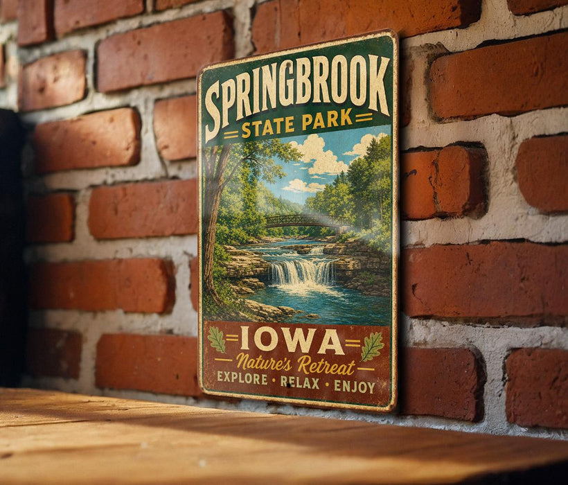 A vintage-style sign for Springbrook State Park in Iowa, featuring a scenic image of a waterfall surrounded by lush greenery.