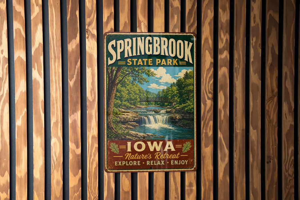 A vintage metal sign for Springbrook State Park in Iowa, featuring a scenic landscape with a waterfall and forest.