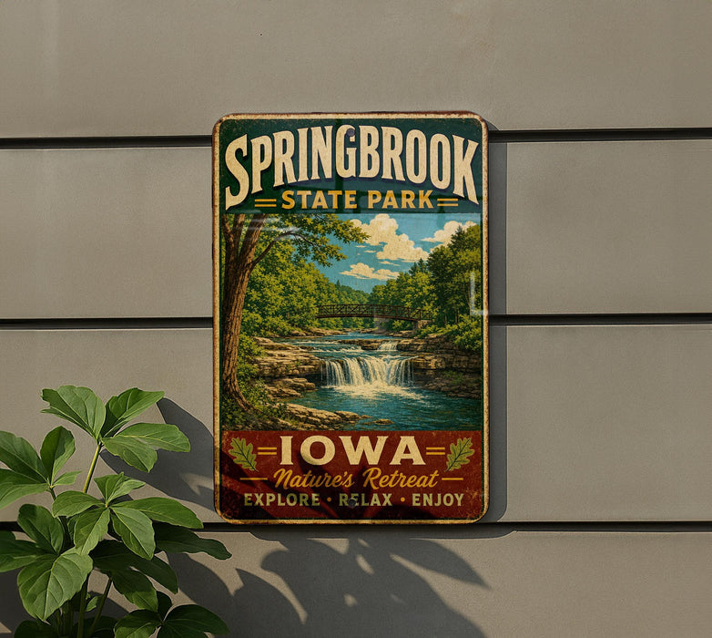 A vintage-style sign for Springbrook State Park in Iowa, featuring a scenic image of a waterfall surrounded by lush greenery.