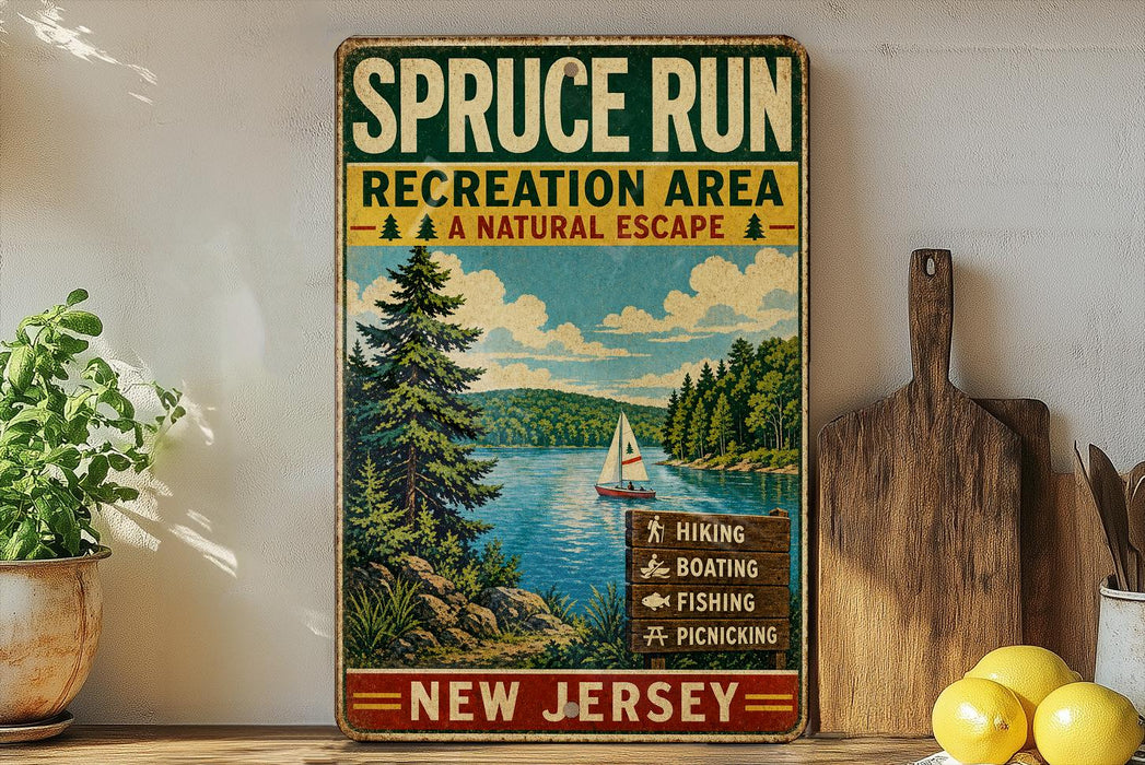 A vintage-style sign for the SPRUCE RUN Recreation Area in New Jersey, featuring a scenic illustration of a lake, pine trees, and a sailboat.