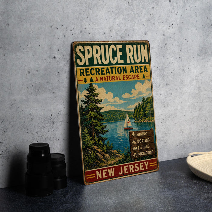 A vintage-style metal sign for the SPRUCE RUN Recreation Area in New Jersey, featuring a scenic landscape with a lake, pine trees, and a sailboat.