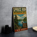 A vintage-style metal sign for the SPRUCE RUN Recreation Area in New Jersey, featuring a scenic landscape with a lake, pine trees, and a sailboat.
