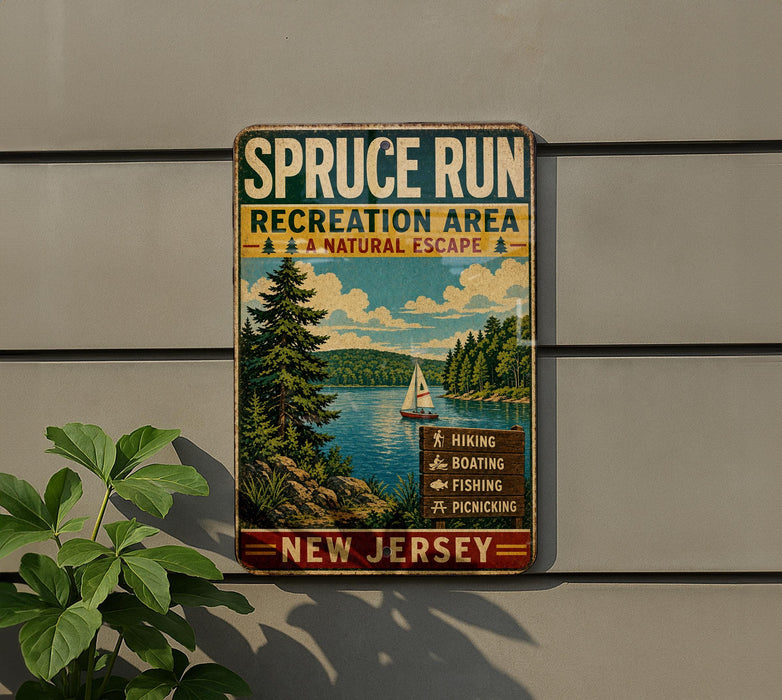 A vintage-style metal sign for the SPRUCE RUN Recreation Area in New Jersey, featuring a scenic landscape with a lake, pine trees, and a sailboat.
