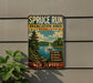 A vintage-style metal sign for the SPRUCE RUN Recreation Area in New Jersey, featuring a scenic landscape with a lake, pine trees, and a sailboat.