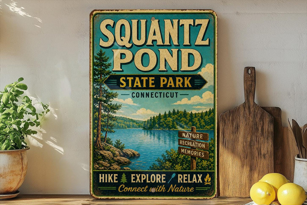 A vintage-style sign for Squantz Pond State Park in Connecticut, featuring a scenic landscape with a lake, trees, and mountains.