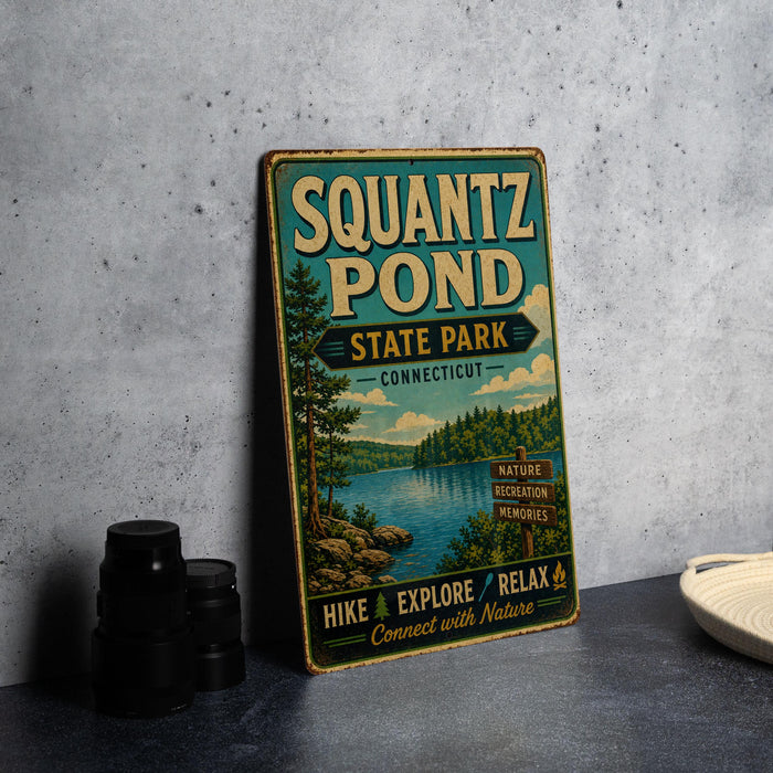 A vintage-style metal sign for Squantz Pond State Park in Connecticut, featuring a scenic landscape with a lake and forest.