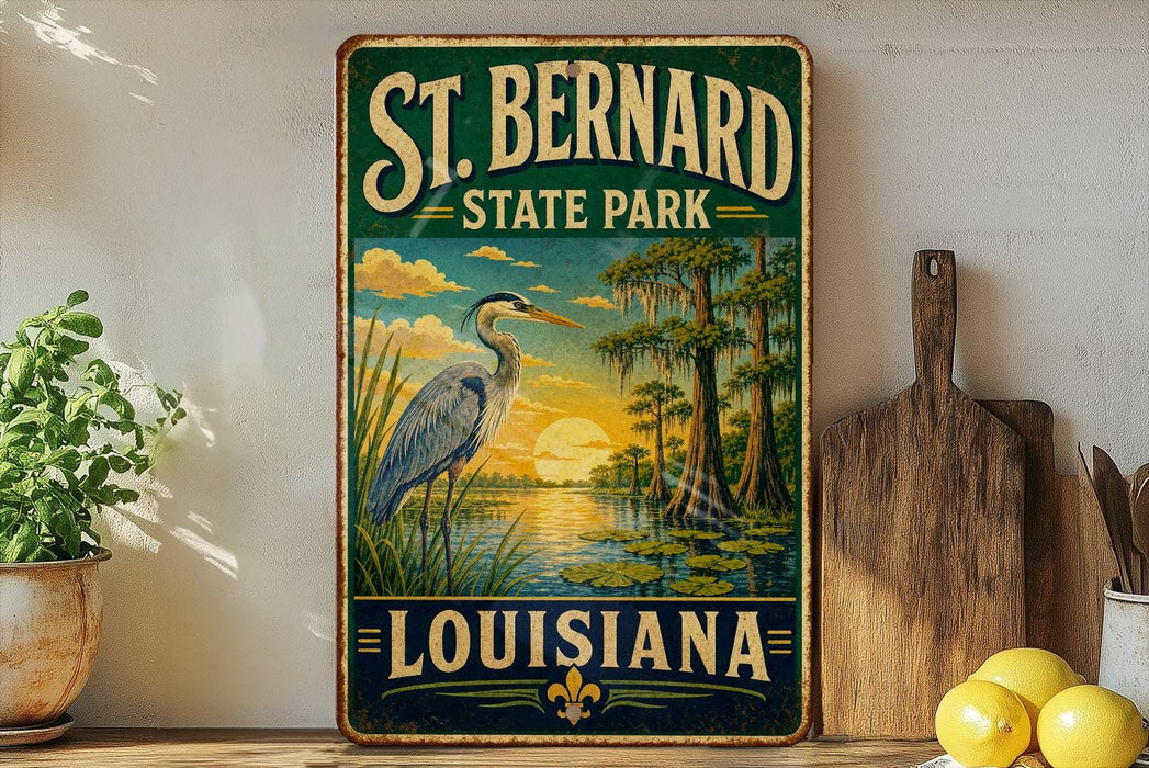 A vintage-style sign for St. Bernard State Park in Louisiana, featuring a blue heron and a sunset landscape.