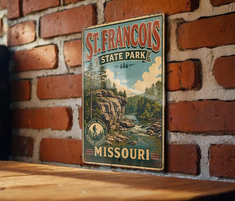A vintage-style metal sign for St. Francis State Park in Missouri, featuring a scenic landscape with a river and mountains.