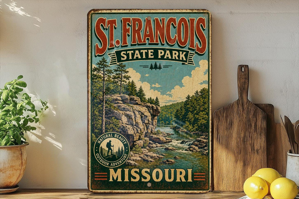 A vintage-style sign for St. Francis State Park in Missouri, featuring a scenic landscape with a river, trees, and mountains.