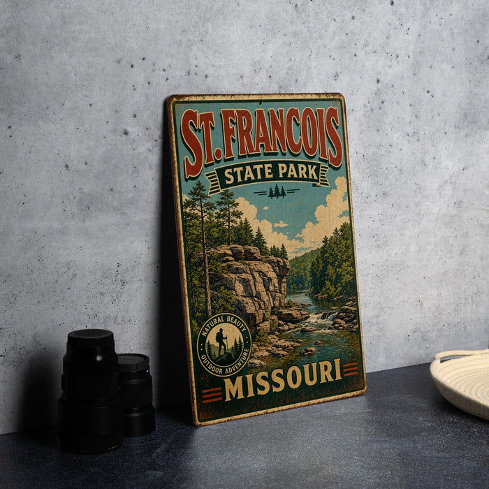 A vintage-style sign for St. Francis State Park in Missouri, featuring a scenic landscape with a river and forest.