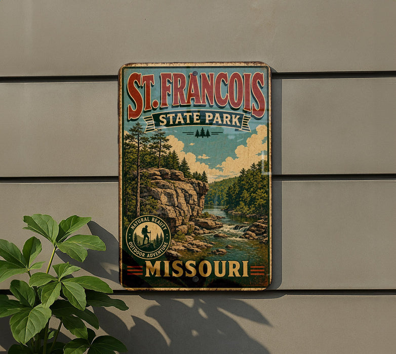 A vintage-style metal sign for St. Francis State Park in Missouri, featuring a scenic landscape with a river and forest.