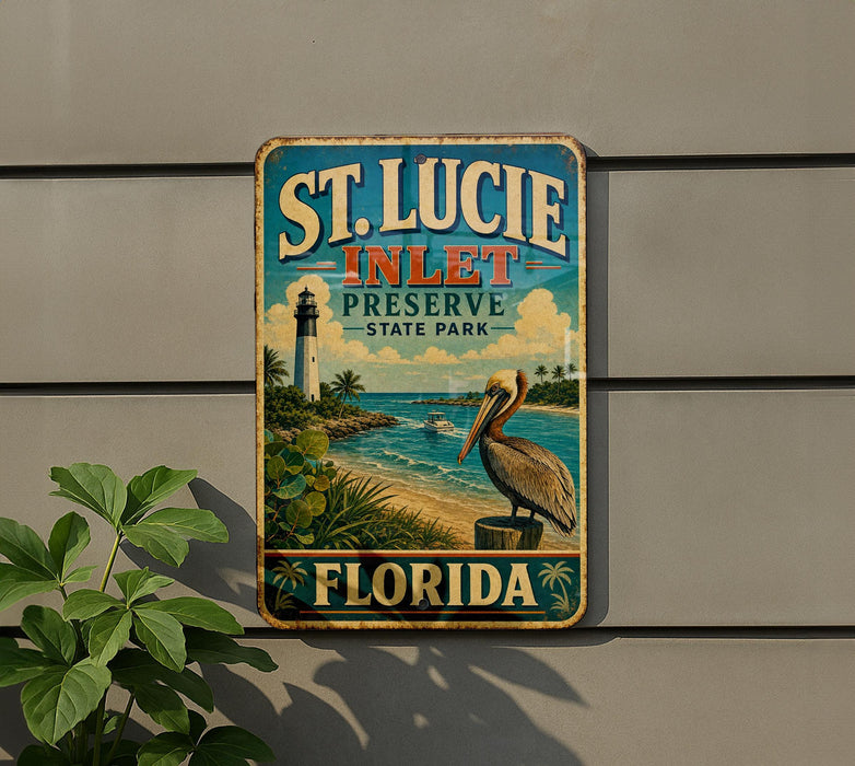 A vintage-style sign for St. Lucie Inlet Preserve, Florida, featuring a lighthouse and a pelican, mounted on a wall next to a plant.