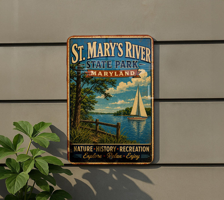 A vintage-style metal sign for St. Mary's River State Park in Maryland, featuring a sailboat on the water and a scenic landscape.