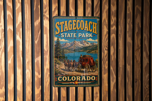 A vintage-style metal sign for Stagecoach State Park in Colorado, featuring a scenic illustration of a stagecoach on a trail surrounded by mountains and a lake.