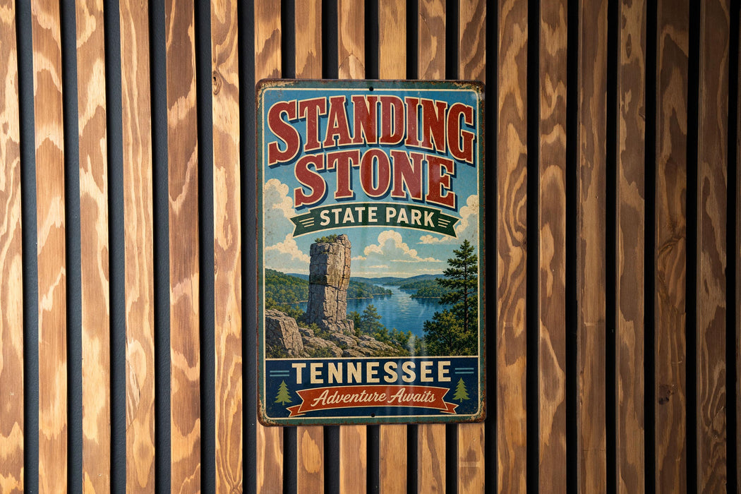 A vintage metal sign for Standing Stone State Park in Tennessee, featuring a scenic landscape with a lake and mountains.