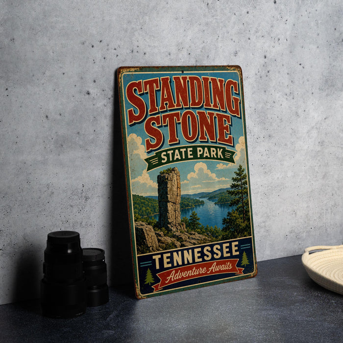 A vintage-style metal sign for Standing Stone State Park in Tennessee, featuring a scenic landscape with a tall rock formation and a lake.