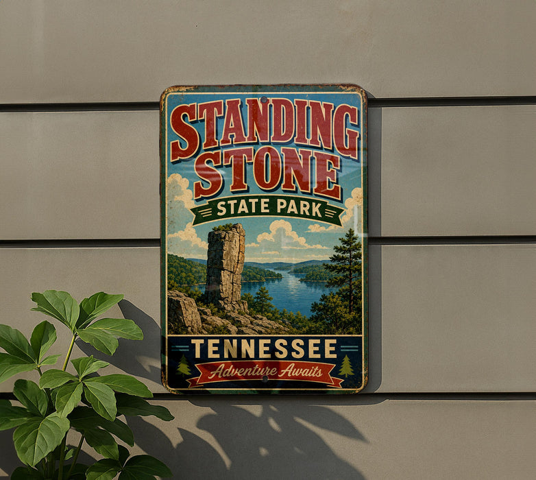 A vintage-style metal sign for Standing Stone State Park in Tennessee, featuring a scenic landscape with a tall rock formation and a lake.