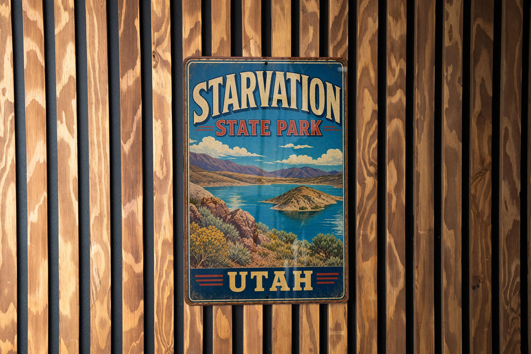 A vintage metal sign for Starvation State Park in Utah, featuring a scenic landscape with mountains, a lake, and a small island.