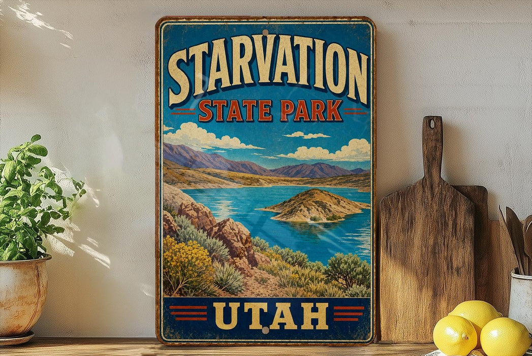 A vintage-style sign for Starvation State Park in Utah, featuring a scenic landscape with mountains, a lake, and a desert island.