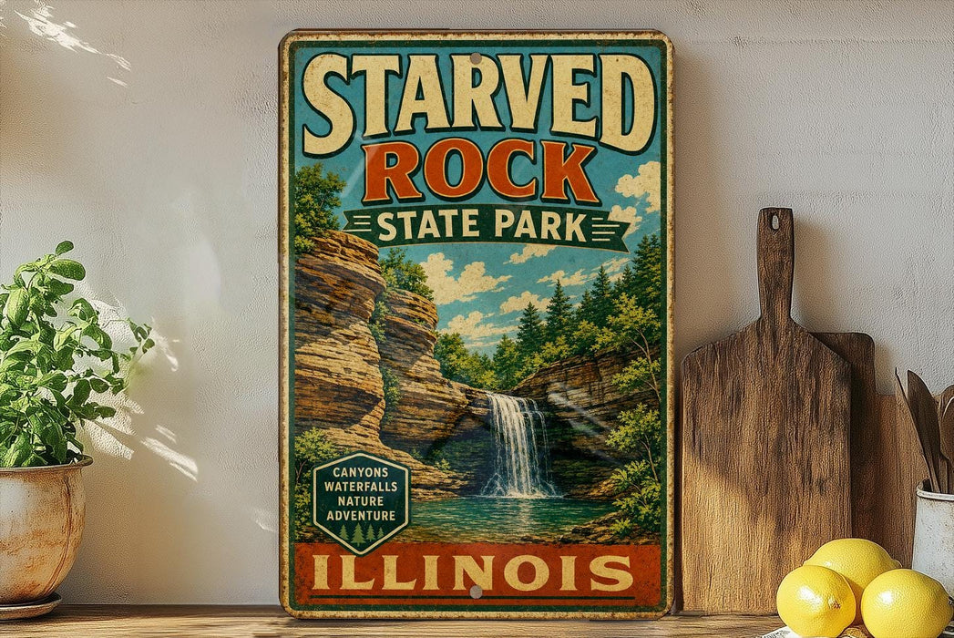 A vintage-style sign for Starved Rock State Park in Illinois, featuring a waterfall and lush greenery.