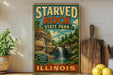 A vintage-style sign for Starved Rock State Park in Illinois, featuring a waterfall and lush greenery.