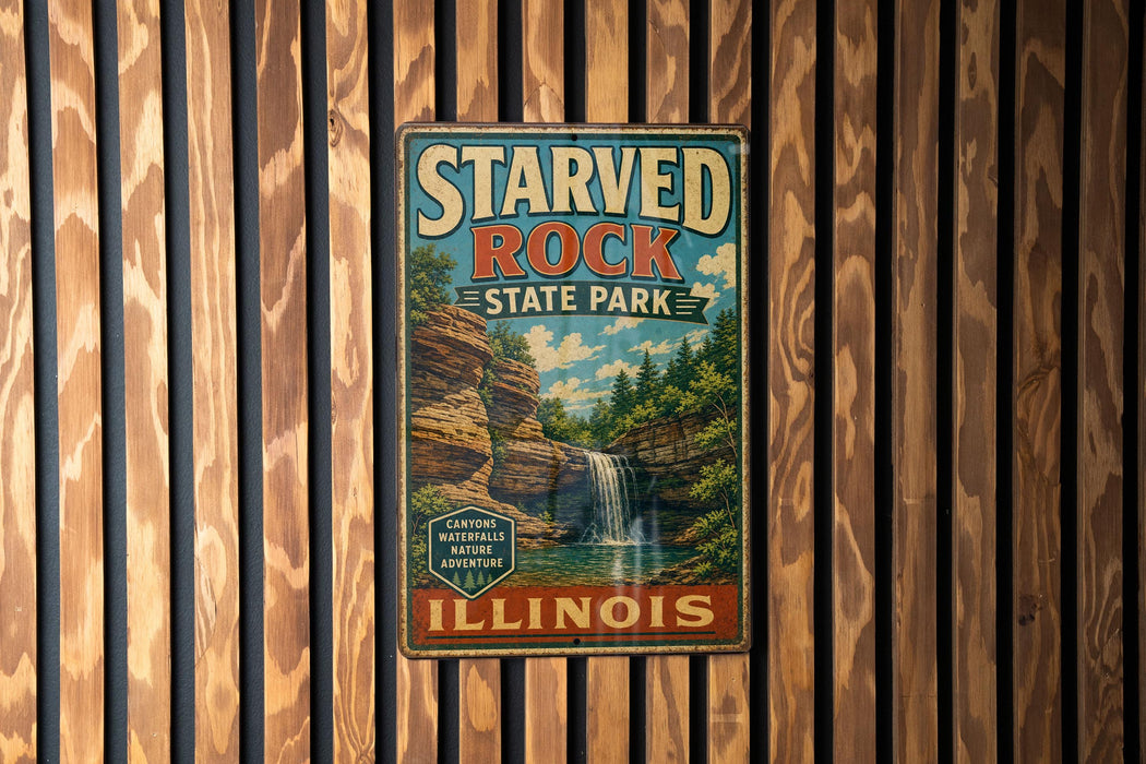 A vintage-style metal sign for Starved Rock State Park in Illinois, featuring a scenic image of a waterfall and forest.