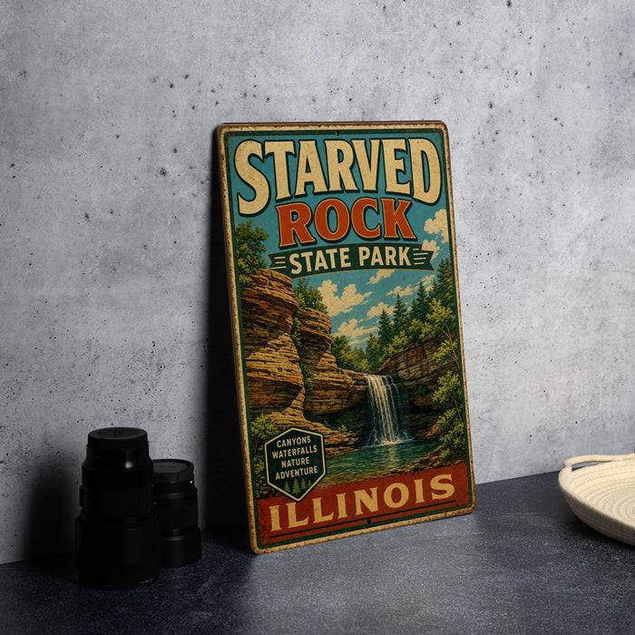 A vintage-style sign for Starved Rock State Park in Illinois, featuring a scenic image of a waterfall and forest.