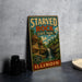 A vintage-style sign for Starved Rock State Park in Illinois, featuring a scenic image of a waterfall and forest.
