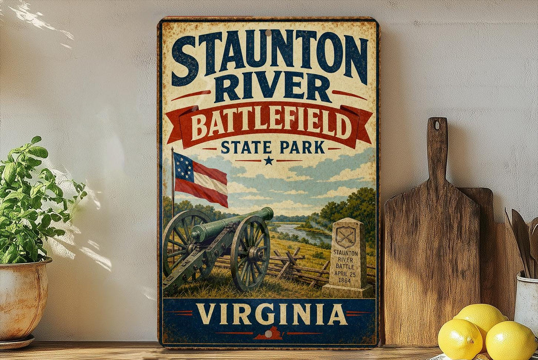 a vintage-style metal sign for Staunton River Battlefield State Park in Virginia, with a cannon and a wooden paddle on a shelf.