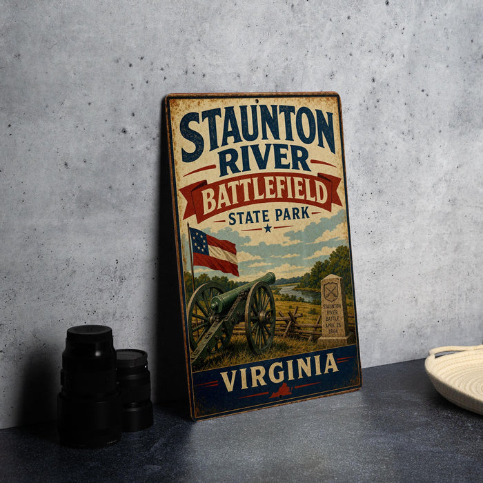a vintage-style metal sign for Staunton River Battlefield State Park in Virginia, with a cannon and a landscape scene on the sign.