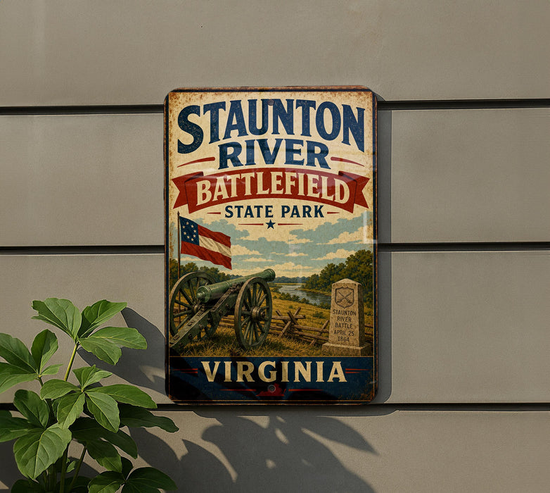 a vintage metal sign for Staunton River Battlefield State Park in Virginia, with a cannon and a monument in the background.