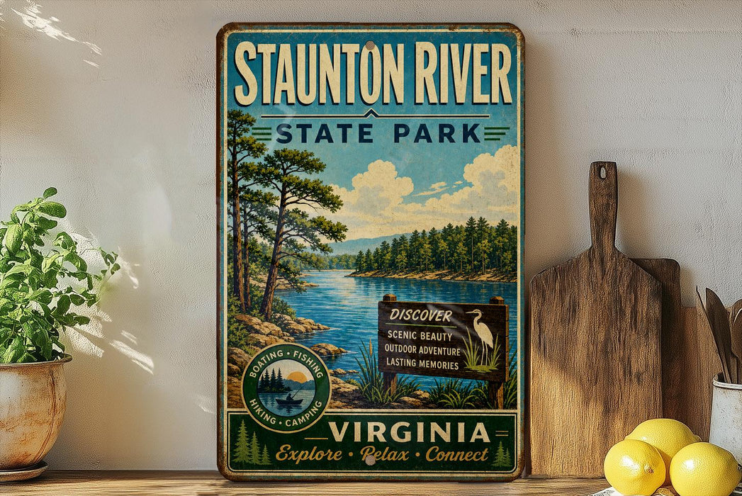 a vintage-style metal sign for Staunton River State Park, with a scenic illustration of the river and surrounding landscape.