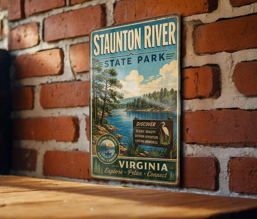 A vintage-style metal sign for Staunton River State Park, featuring a scenic landscape with a lake, trees, and a bird.
