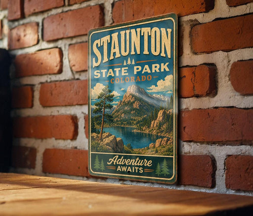 A vintage-style metal sign for Staunton State Park in Colorado, featuring a scenic mountain landscape with a lake and pine trees.